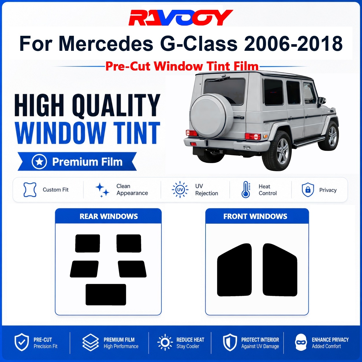 Privacy Screen Protector - ฟิล์มกรองแสงพรีเมียมสำเร็จรูปสำหรับรถยนต์ Mercedes G-Class ปี 2006-2018 สำหรับกระจกหน้าและหลัง