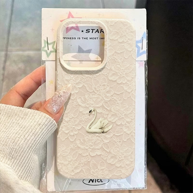 Apple Iphone 15 - เคสโทรศัพท์ลายลูกไม้ลายหงส์ ผิวสัมผัสแบบลิ้นจี่ สำหรับ iPhone 17 16